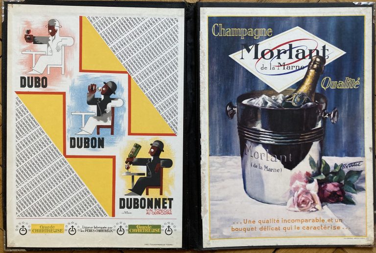 Dubonnet menu folder; three men drinking Dubonnet