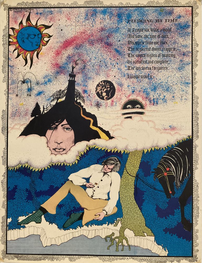 Psychedelic poster poem; Psychedelic design showing man looking at flower, seaside cliffs, a tethered house, the sun and moon.