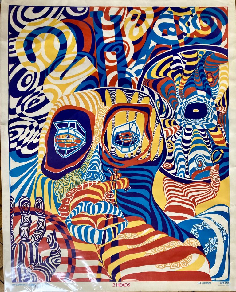 San Francisco psychedilic poster; Psychedelic design in mainly blue red yellow showing mask and skull psychedilic swirls