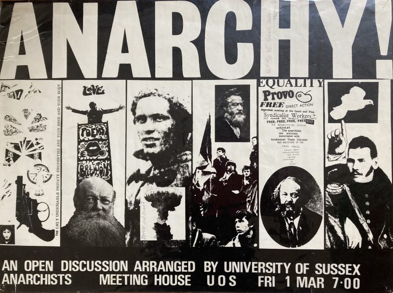 Anarchy discussion University of Sussex poster with a collage of guns and faces