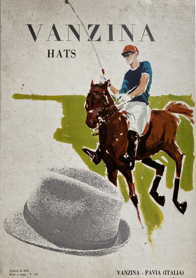 Vanzina Hats card sign; Man playing polo, grey hat in the foreground.