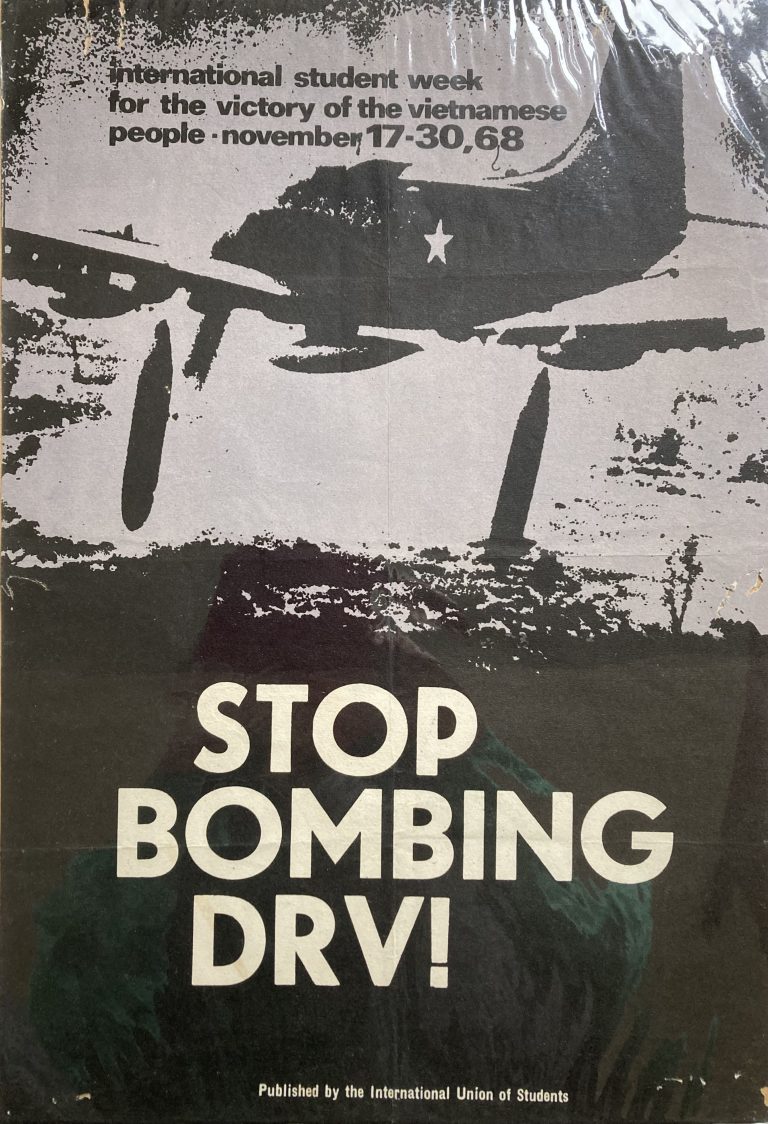 Anti Vietnam War poster; Silhouette in black against grey background of plane releasing bombs