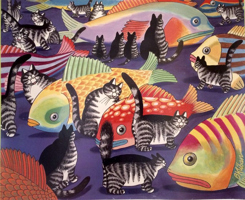 Poster of cats; Lots of comical tabby cats surrounding fish