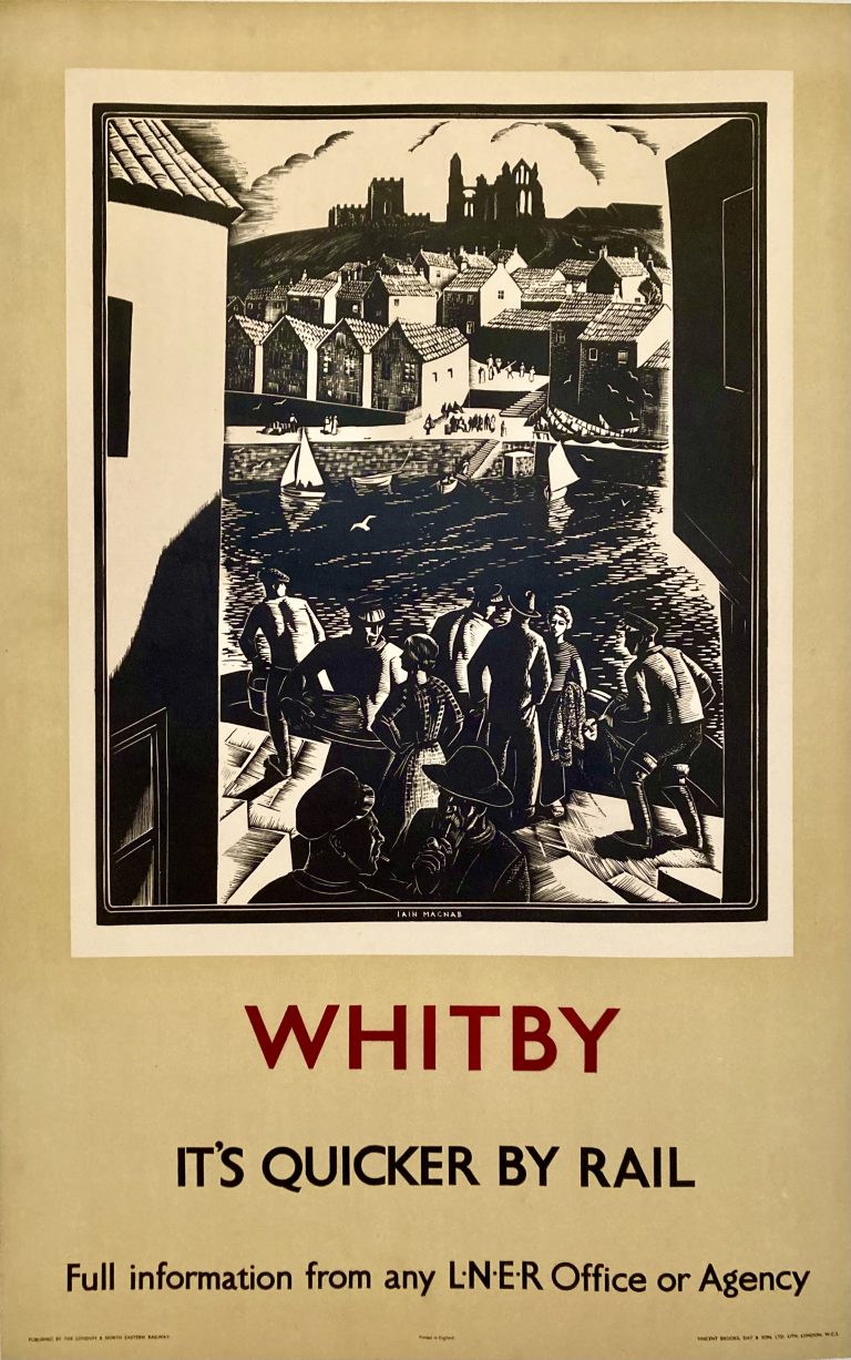 Woodcut illustration of Whitby people on the harbor