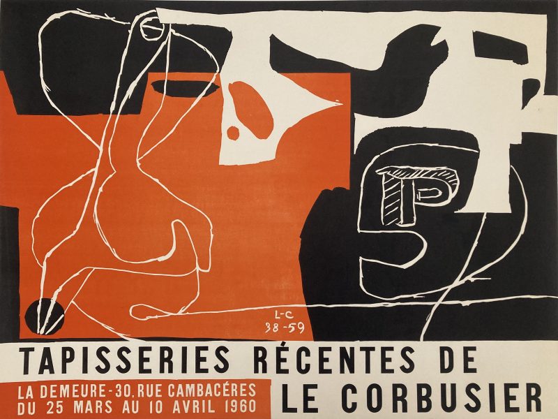 le corbusier exhibition poster; Abstract design with figures and faces in red black and white