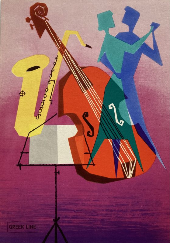 Greek Line Menu; Abstract couple dancing, background of saxophone and double bass