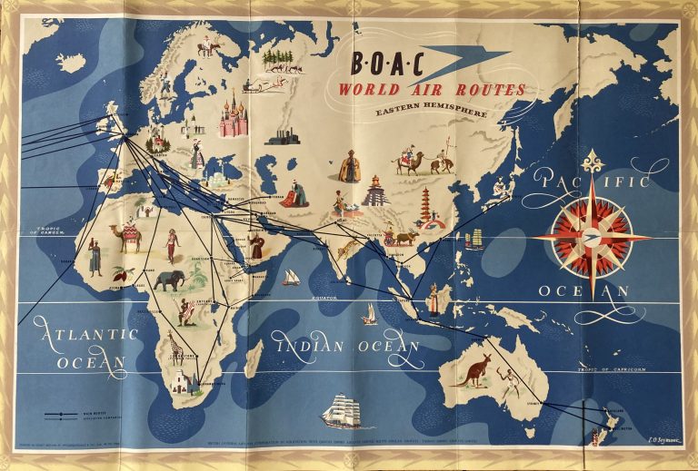 world route map BOAC; Double sided pictorial world map for BOAC World Air Routes