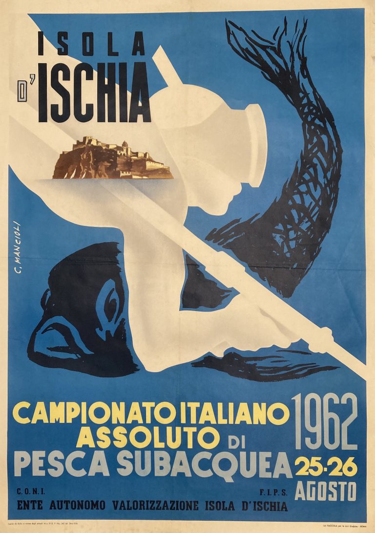 Isola Ischia Psca Subacqueaa poster; Diver with speargun underwater, large fish in the background