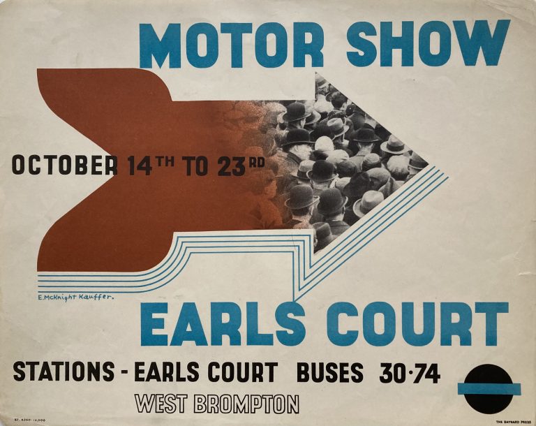 Mortor Show Earls Court panel poster for London Transport with Photomontage of brown arrow and black and white crowd of people, lettering and LT logo