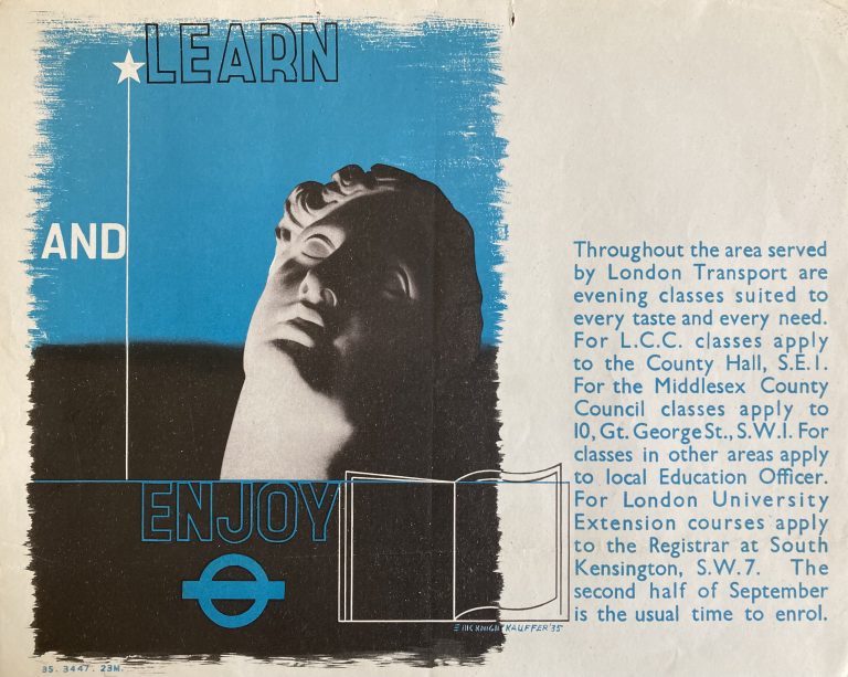 L.C.C. evening classes poster; Photomontage of head of statue an open book, LT logo, in blue and black