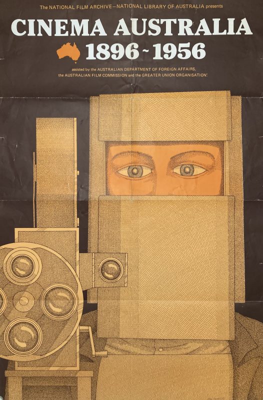 Cinema Australia 1896 - 1956 poster; Woman eyes looking at film through viewfinder screen yellow/brown against darker brown background