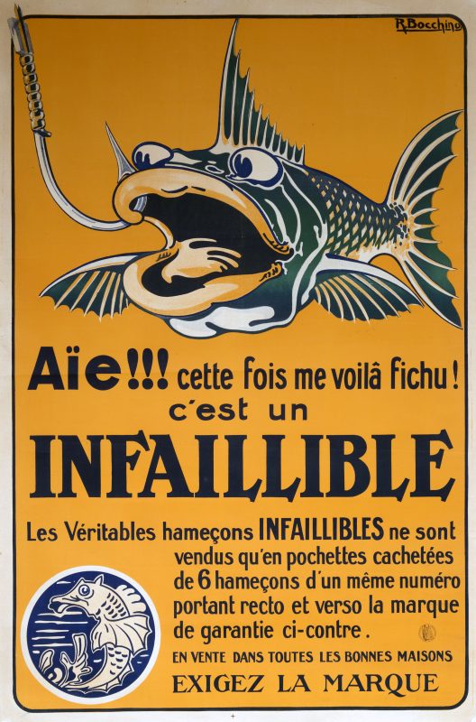 Fish hook advertising poster; Yellow background, large fish being hooked