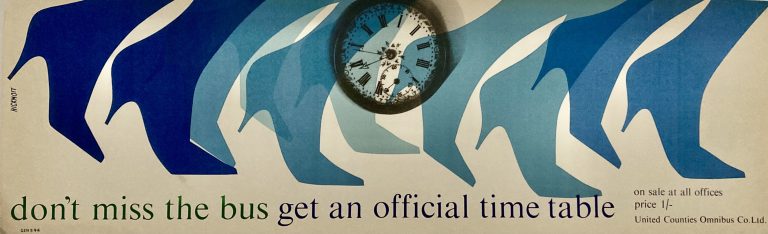 Don't Miss the Bus poster; a clock with group of high-heeled blue shoes running behind it