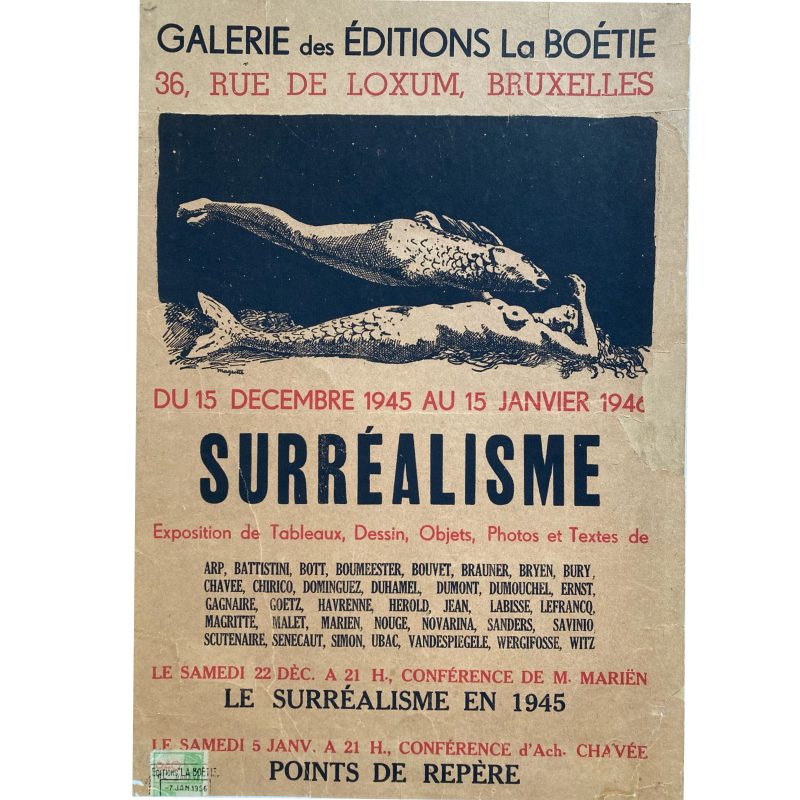 Surréalisme exhibition Paris; Black white and red lettering and black and white image of Rêve de l'androgyne, a fish and a woman