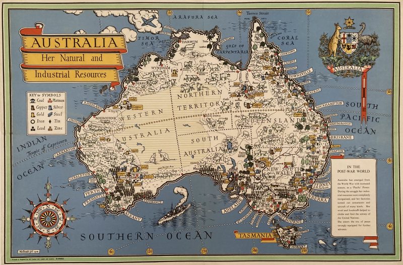 Australia map poster; Pictorial map of Australia, with illustrated figures and landmarks