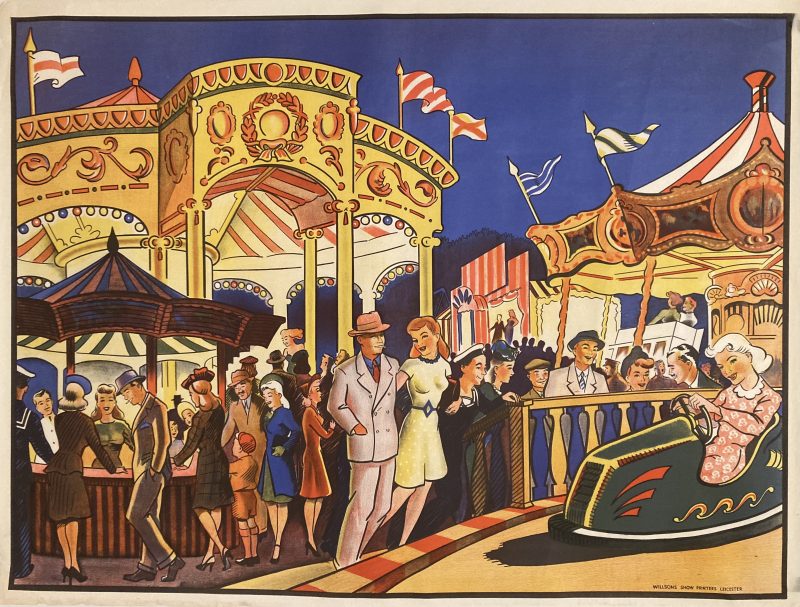 Fairground poster; Couple standing beside fairground ride, other rides and people in the background