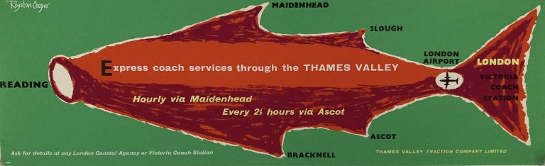 Express coach services through the Thames valley poster; Coach routes shown on red/orange shape of a fish against green background