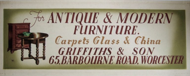 Antique and Modern furniture original artwork; Brown furniture, a table and a chest of drawers advertise and antique shop in Worcester