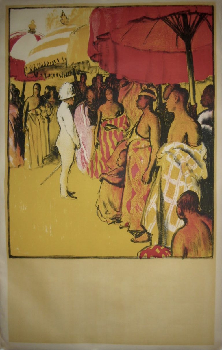 Takoradi Harbour poster; Native African people and British official standing under sunshades