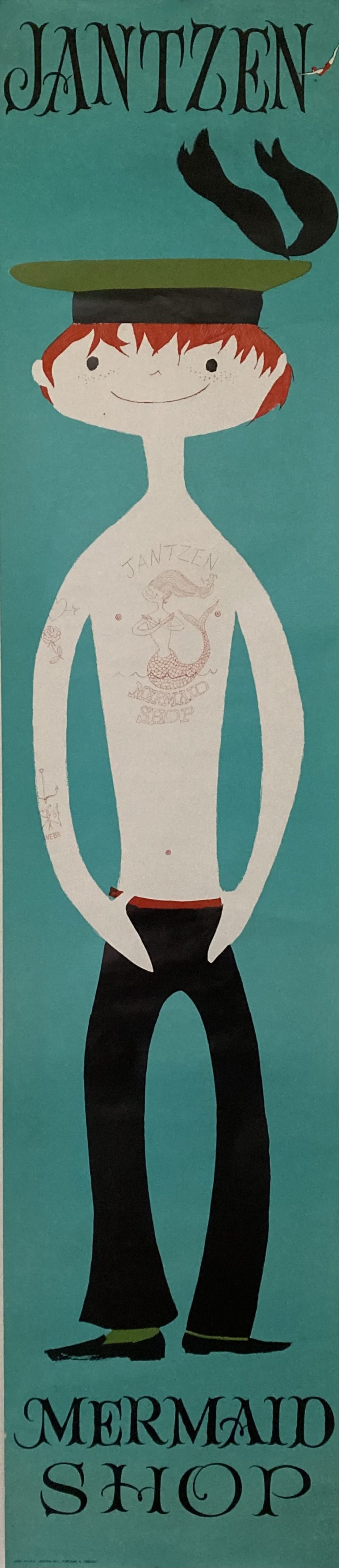 Jantzen swimwear Mermaid Shop poster; A bare-chested sailor advertises the Mermaid Shop, green background