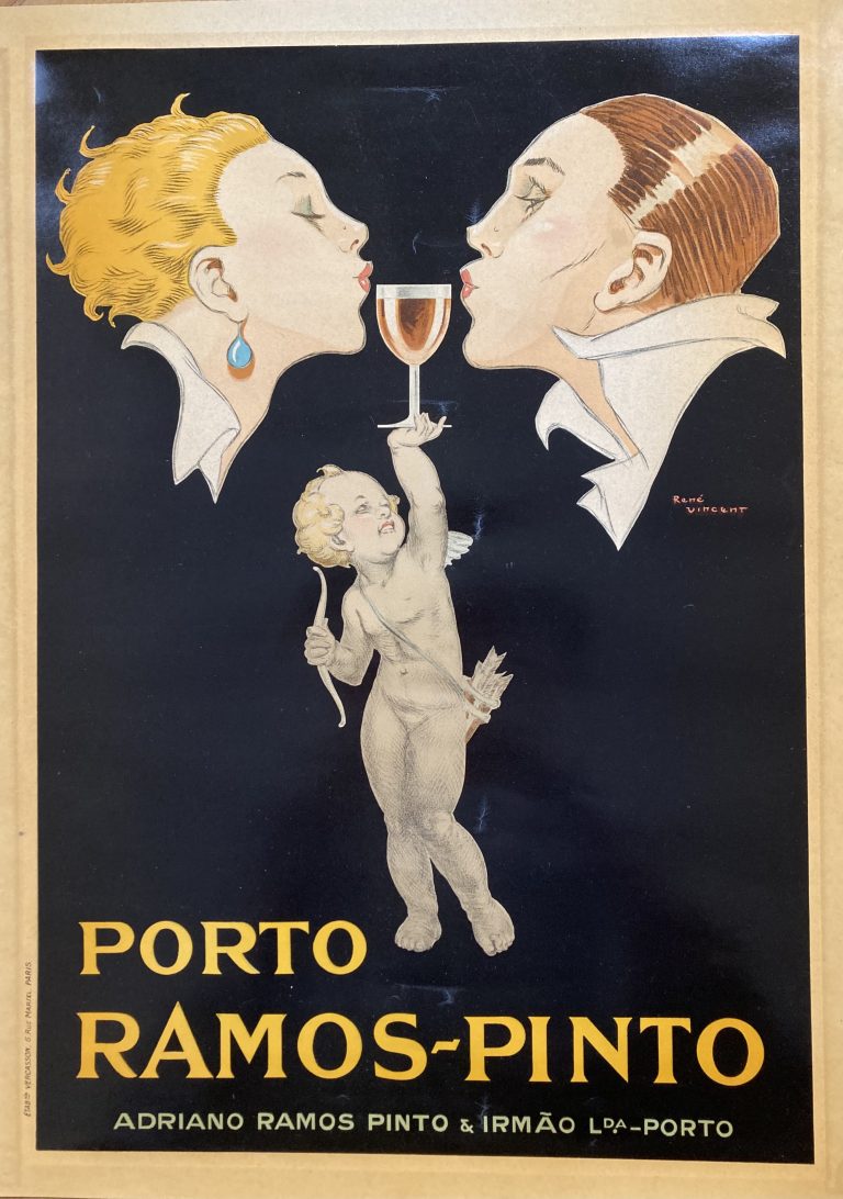 Porto Ramos-Pinto; A stylish art deco couple are offered a glass of porto by cupid