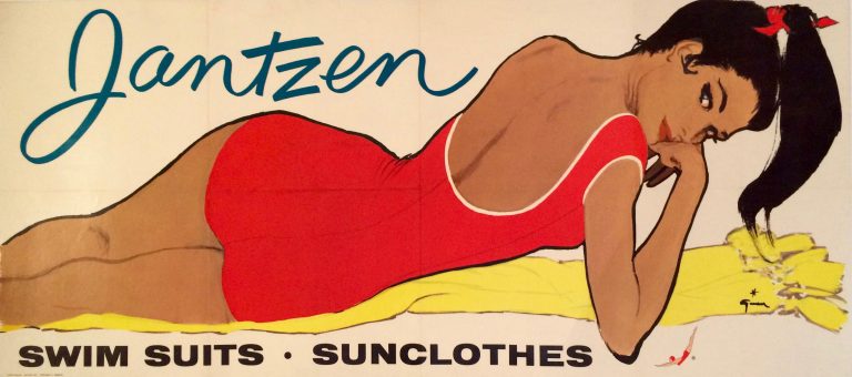 Jantzen Swim Suits Suncloths poster; Glamourous brunette in red swim suit lies on a yellow towel