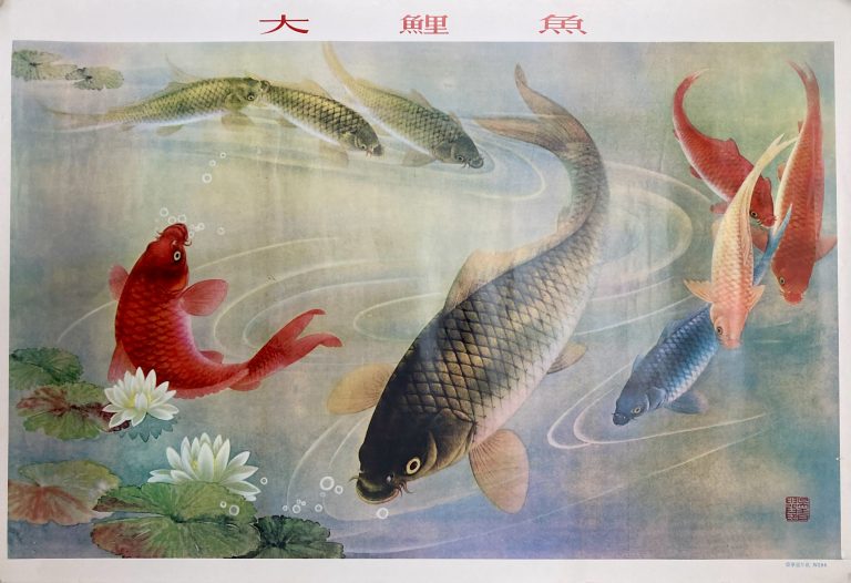 Chinese good luck poster; Colourful fish swimming in an ornamental pond