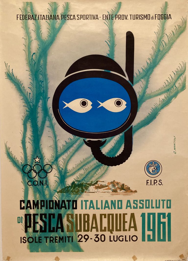 Campionata Italiano pesca subacquea; A mask and two fish in the shape of eyes underwater, seaweed in background