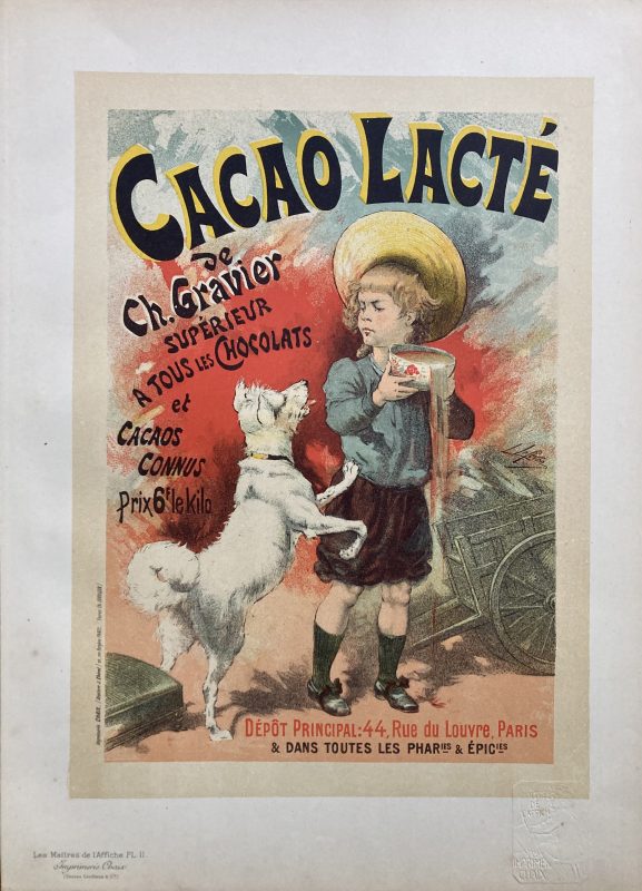 Cacao Lacté Maître de l'Affiche poster; Dog jumping up at young boy holding bowl of Cacao Lacté