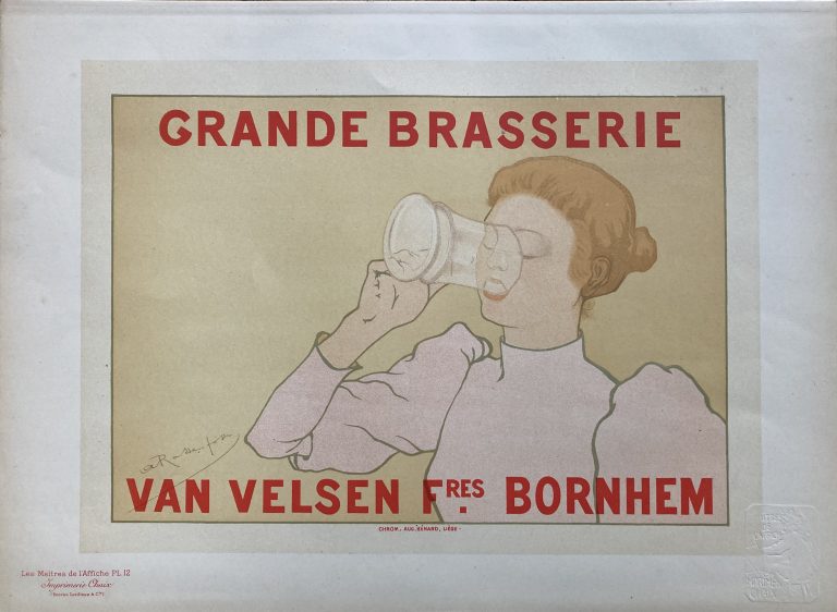 Grande Brasserie Maître de l'Affiche Poster; Girl drinks a glass of beer