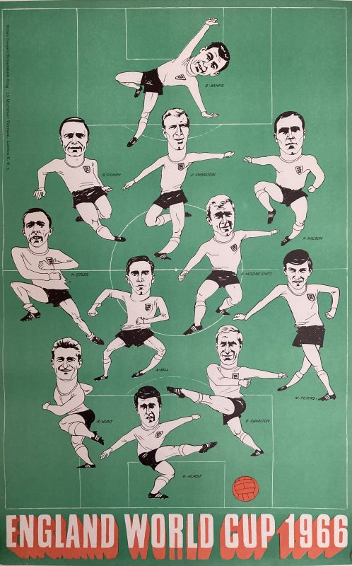 England World Cup 1966 Poster; Green background, named team players illustrated in black and white