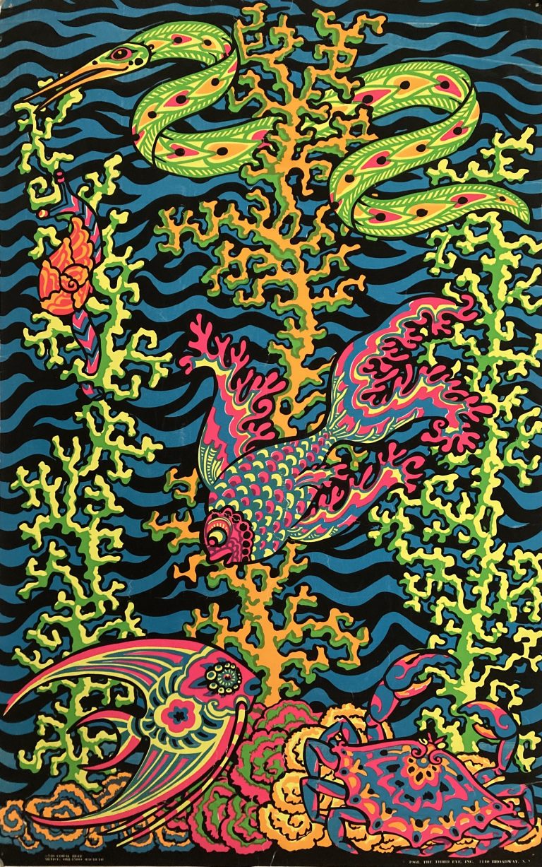 coral reef poster; Black light psychedelic underwater scene with fish and corals