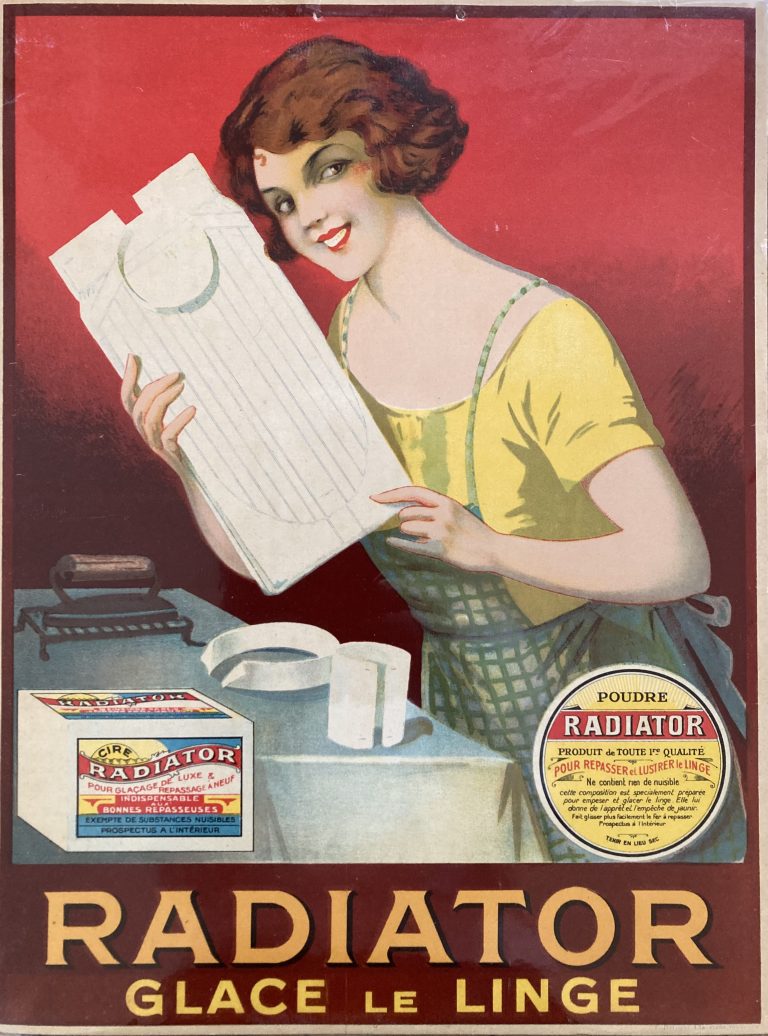 Radiator Card sign; Girl holding up newly ironed shirt, red background