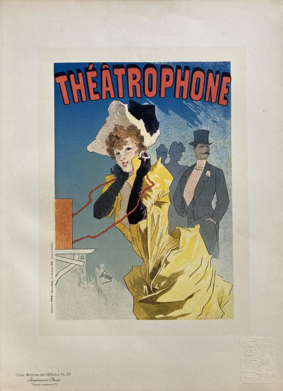 Théâtrophone Maître de l'Affiche poster; Woman talks on the théâtrophone