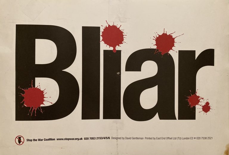 Stop the War Coalition poster; Black lettering against white background with red blood spatters