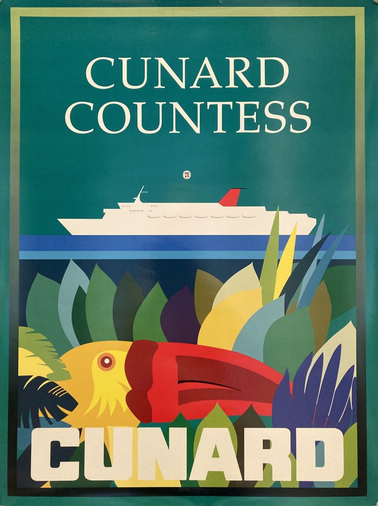 Cunard countess poster; Art deco inspired design of ocean liner against green background, colourful red-billed toucan in the foregroung