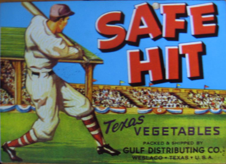 Safe Hit crate label; Baseball player hitting a run, stadium in the background