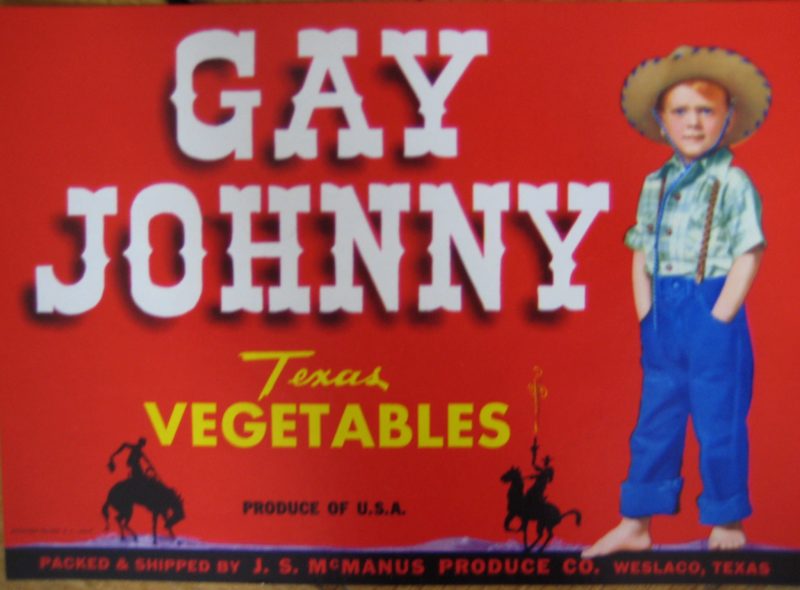 Gay Johnny crate label; Young farm boy in braces against red background