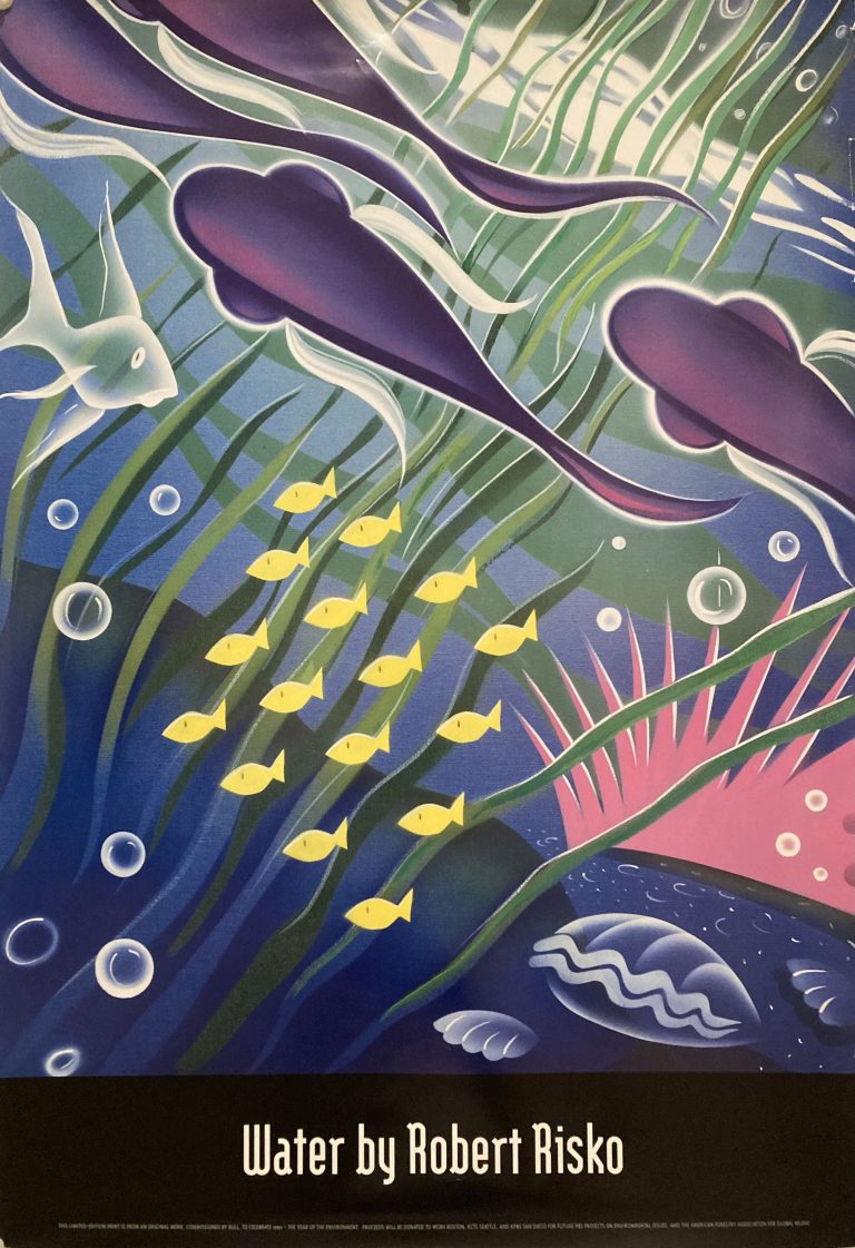 Water by Robert Risko poster; Stylised underwater scene of fish to celebrate year of the environment