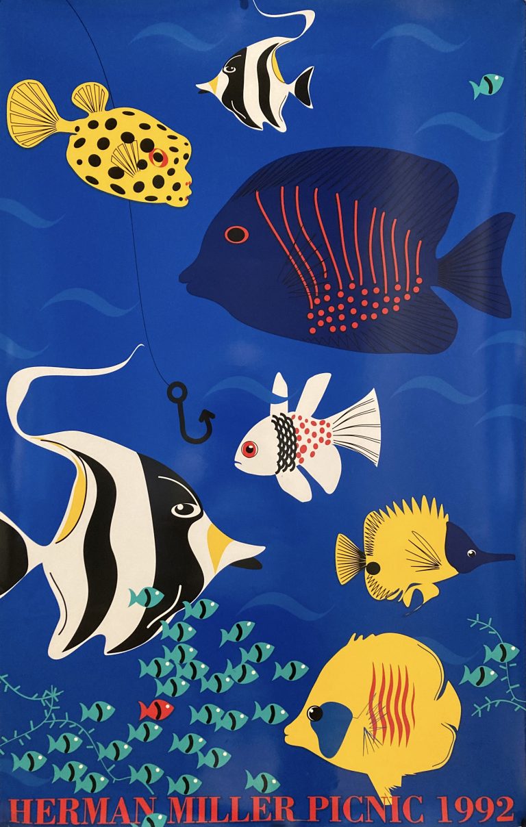 Herman Miller Picnic poster; Tropical fish against a bright blue background