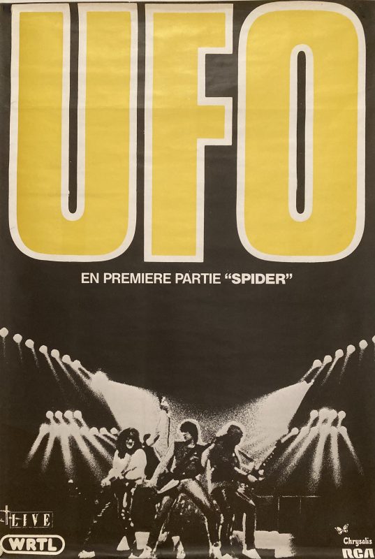 UFO concert poster; The band UFO playing on stage with UFO in large yellow letters