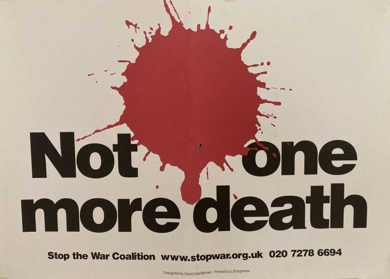 Not one more death poster; Black lettering on white background with red blood spatters