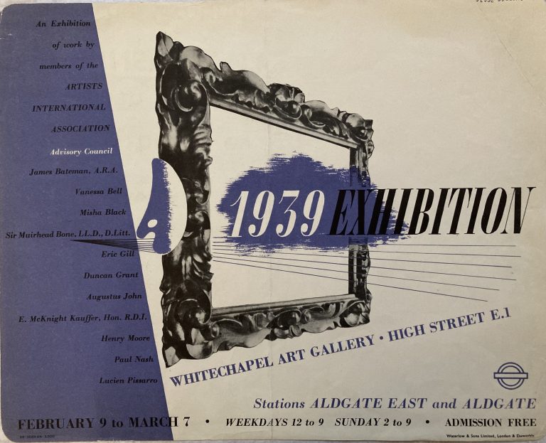 Whitechapel Gallery 1939 poster; Picture Frame and details of the exhibiton on white background, on the left is a list of featured artists