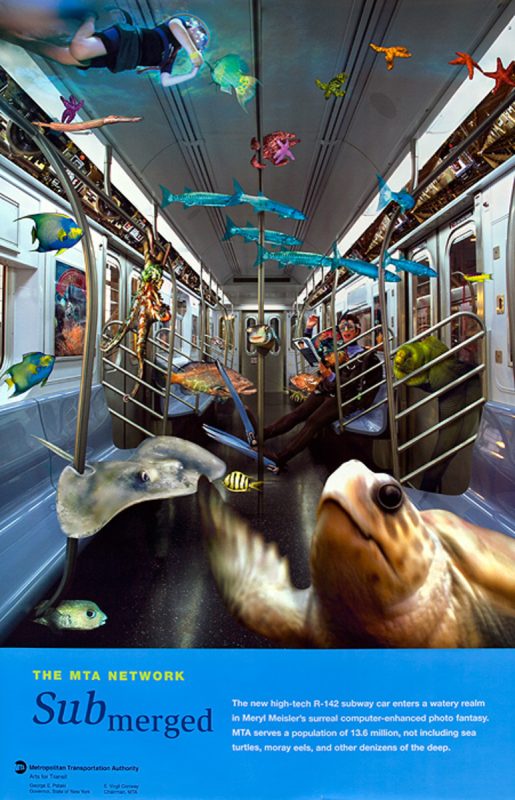 MTA Submerged poster; The New York subway submermerged with fish and sea creatures swimming around