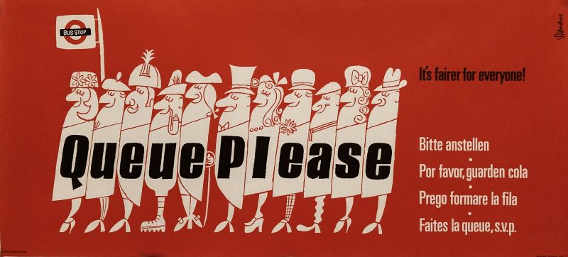 Please queue poster; Red background, queue of people Queue Please in black letters