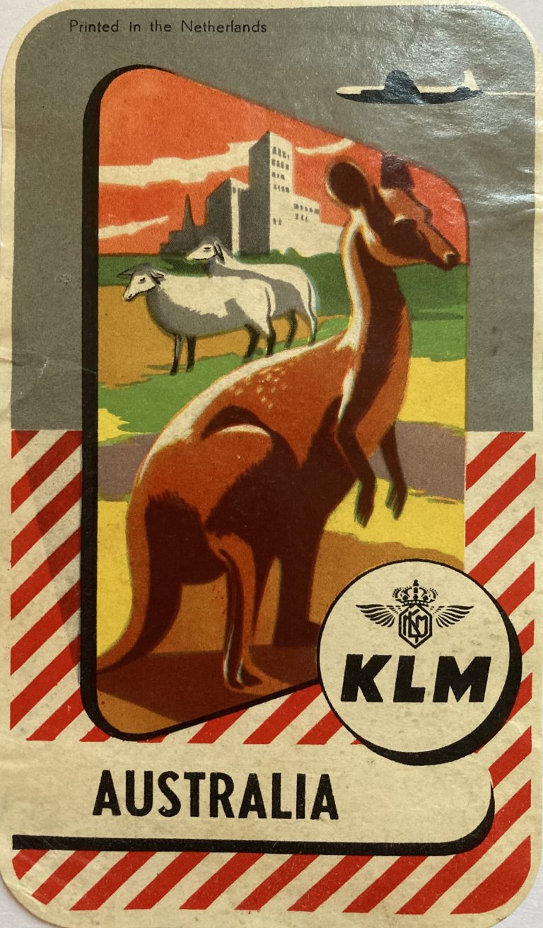 Australia by KLM luggage label; Kangaroo in the foreground, sheep and a plane in background