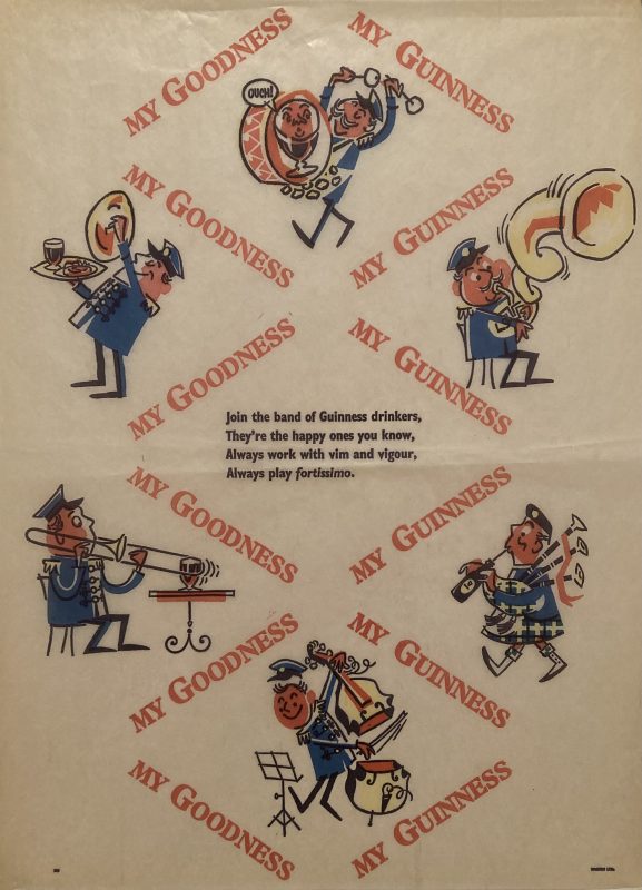 Guinness wrapping paper; Musicians play trombone, bagpipes, drums