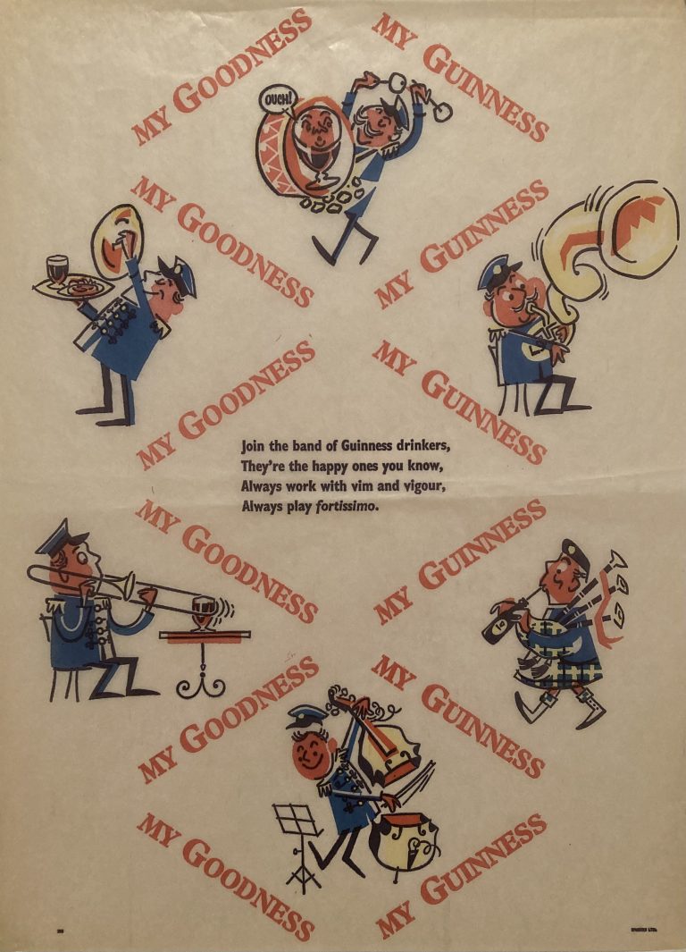 Guinness wrapping paper; Musicians play trombone, bagpipes, drums