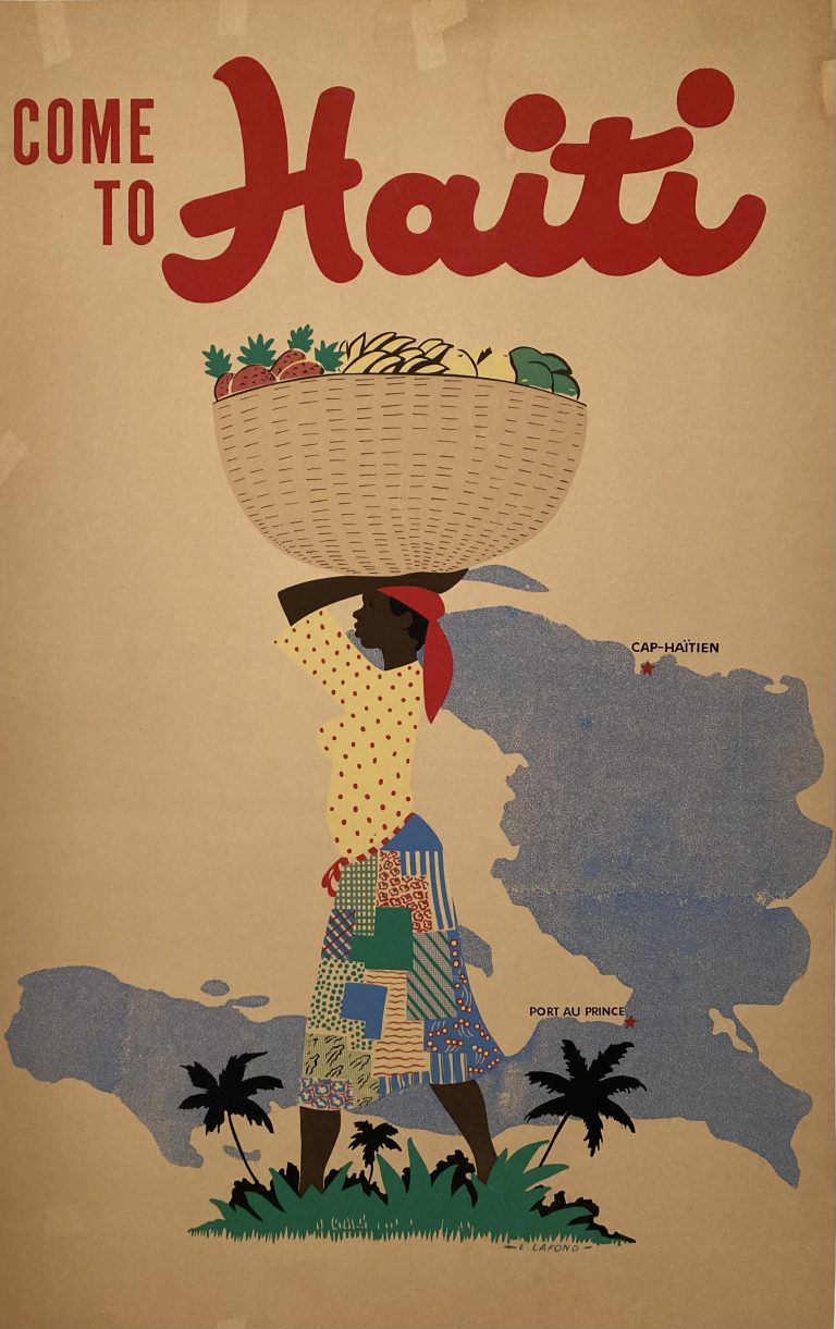 Come to Haiti poster; Haitian girl with a basket on her head against a map of Haiti