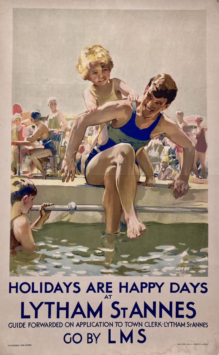 LMS poster for Lytham St. Anne's; Father with child on his back sitting on side of swimming pool